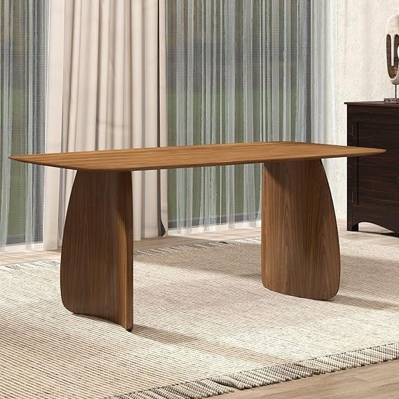 large walnut rectangular pedestal dining table for 6-8 people, 71" mid-century modern wood