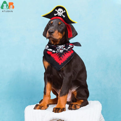 Chapéu de Pirata ATUBAN com Estampa de Caveira para Animais de Estimação com Bandana de Caveira para Cães e Gatos, Boné de Capitão, Fantasia de Pirata para Cosplay de Halloween, Festa de Halloween