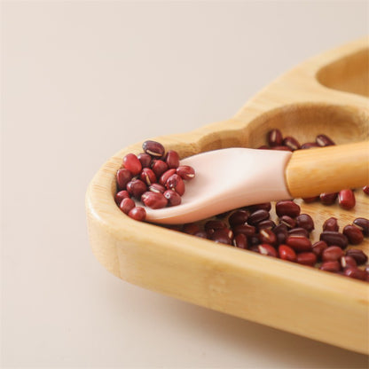 Baby Wooden Tableware Set Could Bamboo Wooden Plate Bowl Silicone Suction Wooden Handle Fork Spoon for Children Feeding Supplies