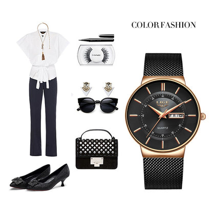 LIGE Quartz Stainless Steel Women Wristwatch Retro Hot Style Great Japanese Movement Quality Fashion Waterproof Watch for Women