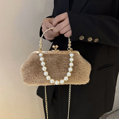 New suede pearl fashionable handbag small shoulder bag,metal handle highlights noble temperament,pearl chain adds elegant charm