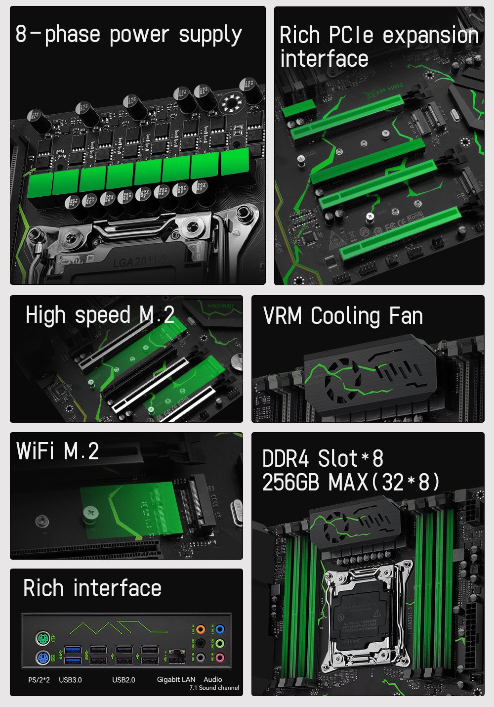 Kit Placa Mãe MACHINIST X99 MR9S LGA2011-3 CPU Xeon E5 2680 V4 32GB DDR4 Quatro Canais Interface TPM 2.0 NVME M.2 USB3.0