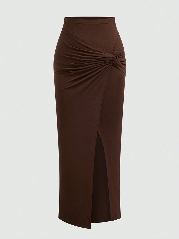 New French High-Waist Retro Knitted Ruched High-Slit Midi Skirt Black Versatile Slim Plus Size Female Clothing Elegant Party