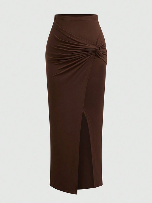 New French High-Waist Retro Knitted Ruched High-Slit Midi Skirt Black Versatile Slim Plus Size Female Clothing Elegant Party