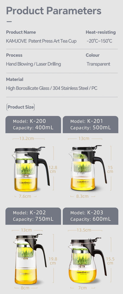 Bule de Chá de Vidro Resistente ao Calor KAMJOVE 400-900ML com Filtro de Um Toque para infusões Chaleira, Bule de Chá de Vidro com Separação
