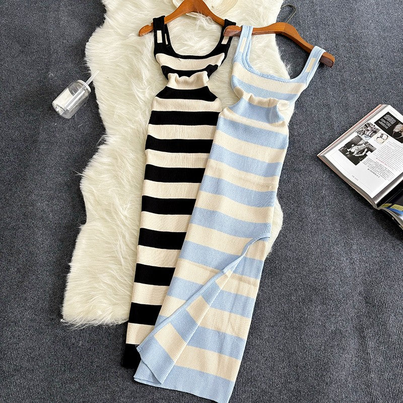 2024 Stripe Summer Elastic Split Bodycon Dress Sexy Beach Vacation Sundress Wome