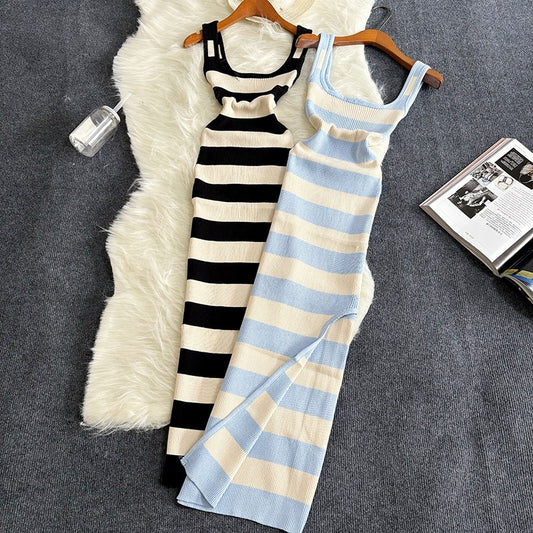 2024 Stripe Summer Elastic Split Bodycon Dress Sexy Beach Vacation Sundress Wome