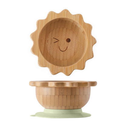 Baby Wooden Tableware Set Could Bamboo Wooden Plate Bowl Silicone Suction Wooden Handle Fork Spoon for Children Feeding Supplies
