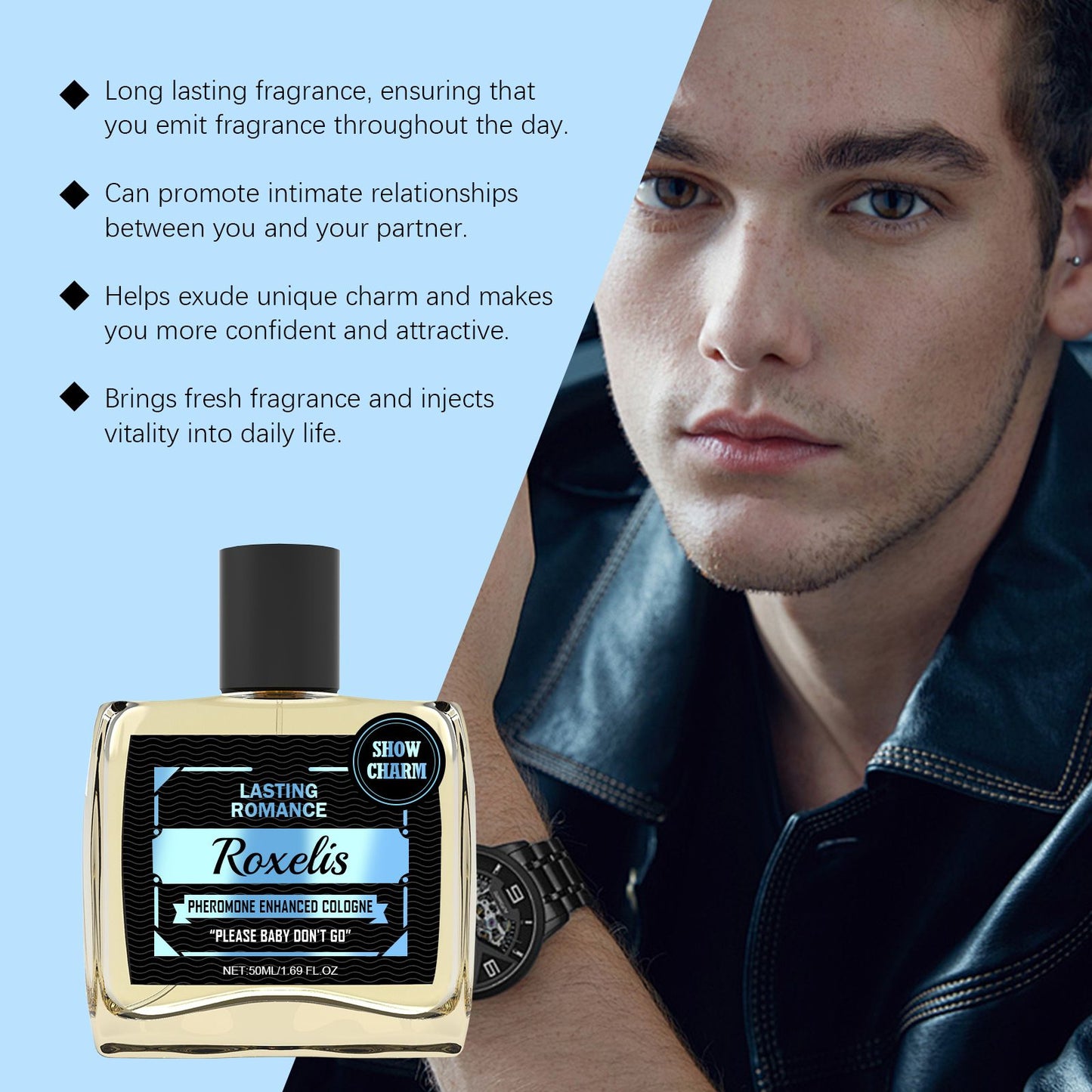 Roxelis 50ml Colônia Masculina Feromônio Aumenta Charme Confiança Namoro Paquera Atrai Glamour Duradouro Perfume Masculino