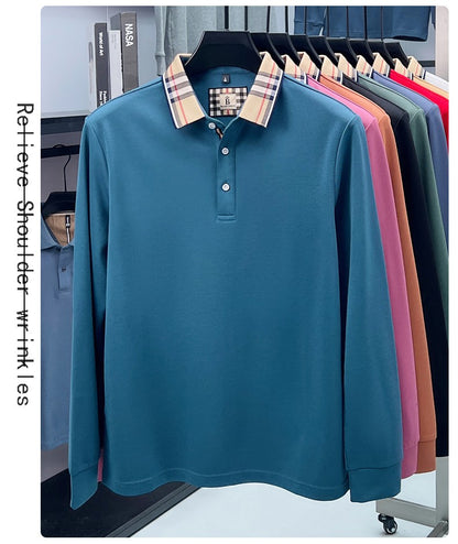 Luxury brand long sleeve polo shirt men comfortable casual autumn item silk cotton high-end Korean fashion plaid lapel T-shirt