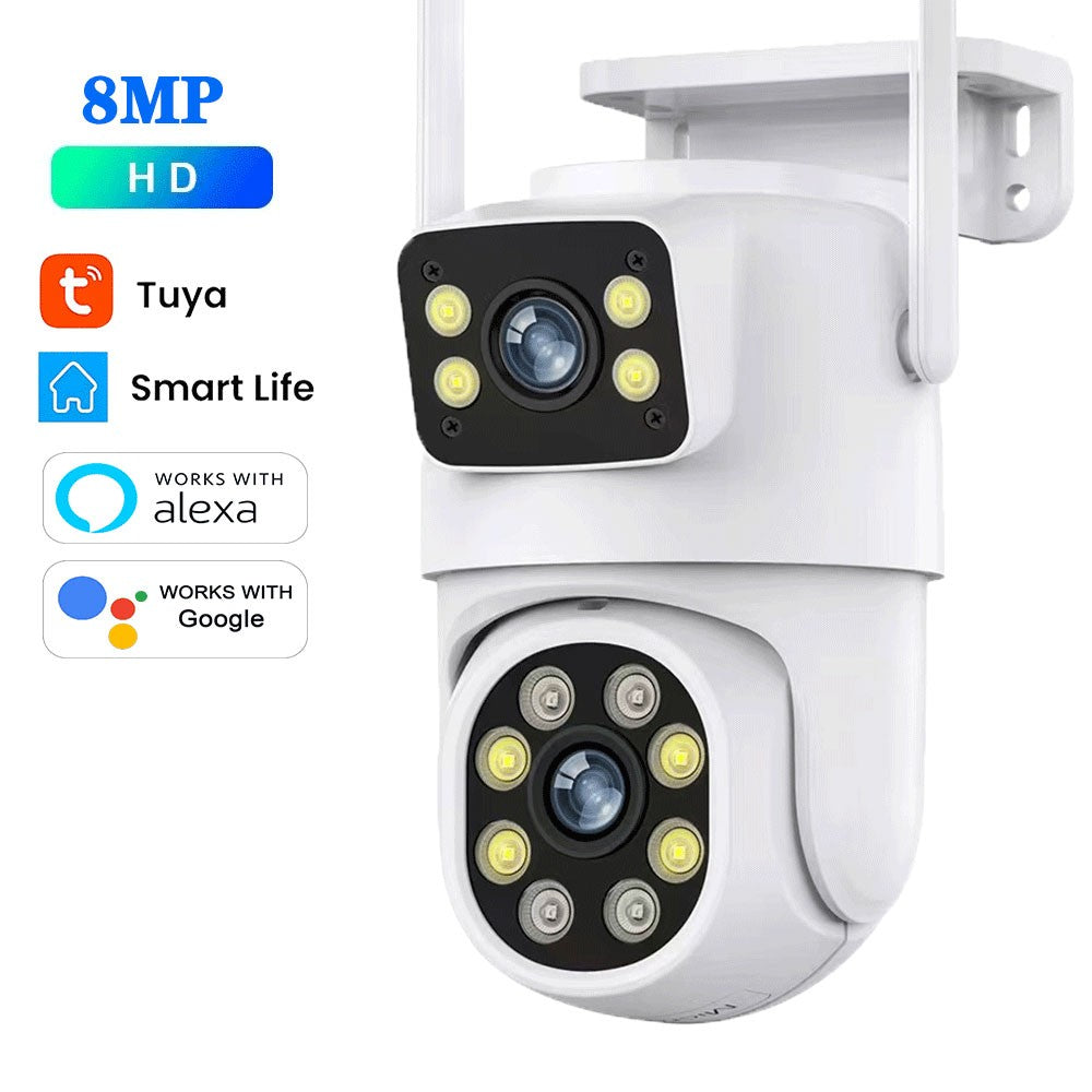 Câmera WIFI PTZ de Lente Dupla Tuya 4K 8MP para Exterior com Tela Dupla Ai Detecção Humana Automática Segurança com Alexa Google