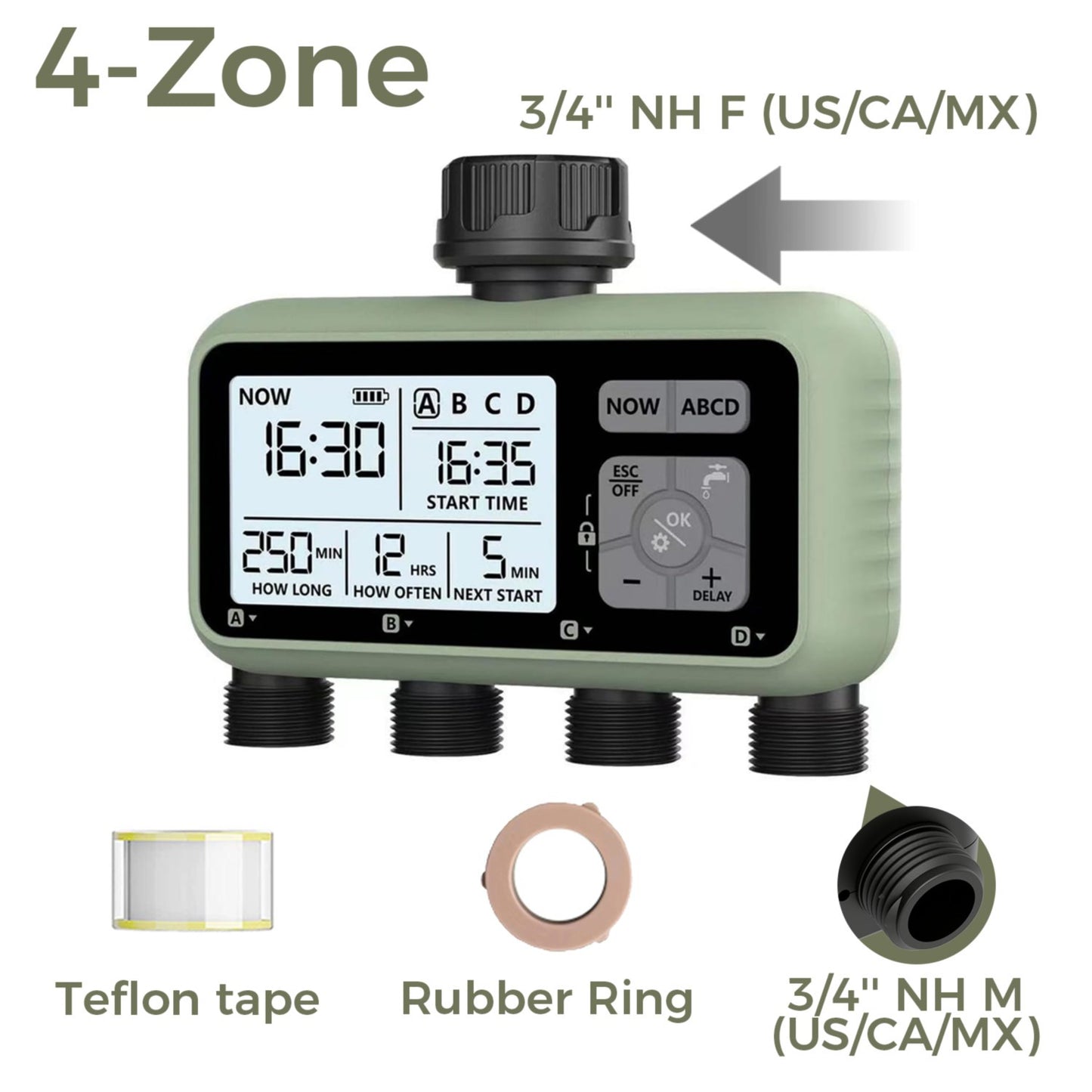 Diivoo Water Timer 4 Zone Garden Programmable Automatic Irrigation Timer with Rain Delay Manual/Auto Mode Watering for Lawn Yard