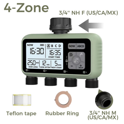 Diivoo Water Timer 4 Zone Garden Programmable Automatic Irrigation Timer with Rain Delay Manual/Auto Mode Watering for Lawn Yard