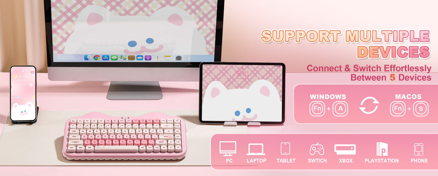 Teclado Mecânico Sem Fio Rosa YUNZII C75, Teclado RGB Hotswap Cremoso 75%, Suporte Gasket Design Cute Cake para Win/Mac/Gaming