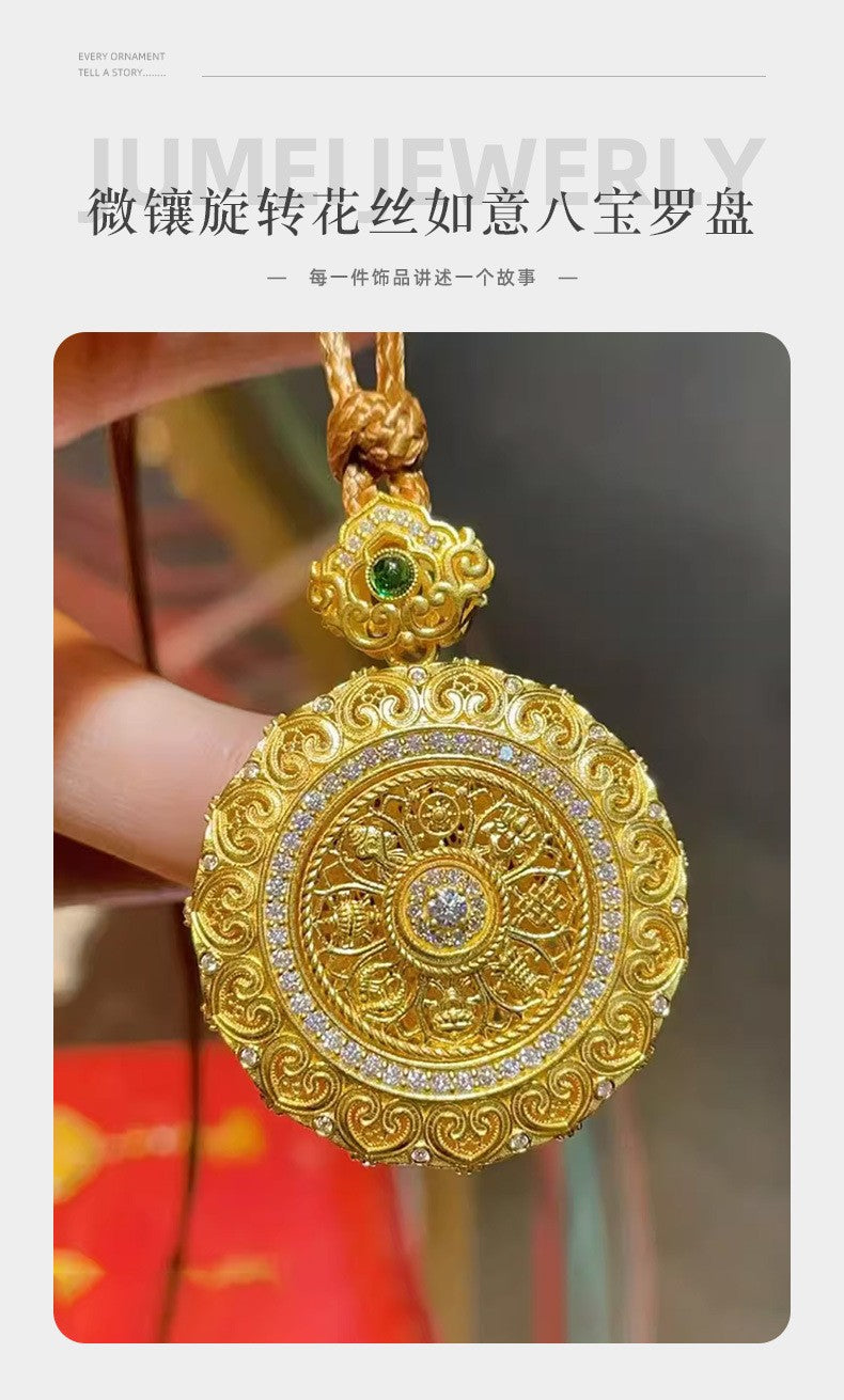 Gold shop 9999 24K real gold Chinese large rotating filigree Ruyi dot diamond eight treasure compass pendant weaving rope