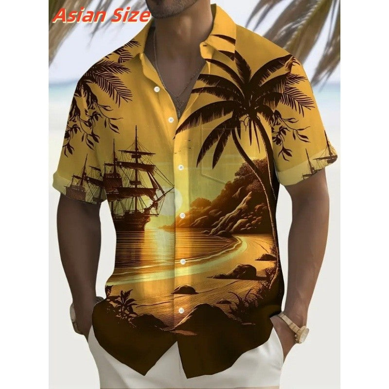 Ocean Beach Pattern Lapel Shirt For Men Coconut Tree 3D Printed Hawaiian Shirts Fashion Short Sleeve Tops Harajuku Button Blouse