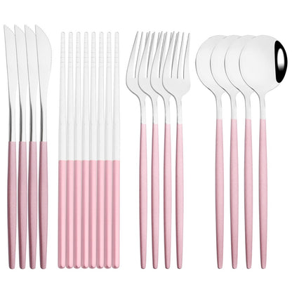 12-16Pcs Chopsticks Knife Fork Spoon Cutlery Set Green Gold Dinnerware Set Luxury Stainless Steel Flatware Korean Tableware Set