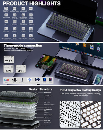 Teclado Mecânico Gamer AULA F75 RGB Layout 75% Personalizado Gravação Lateral Montagem Gasket 80 Teclas Keycaps PBT Gradiente