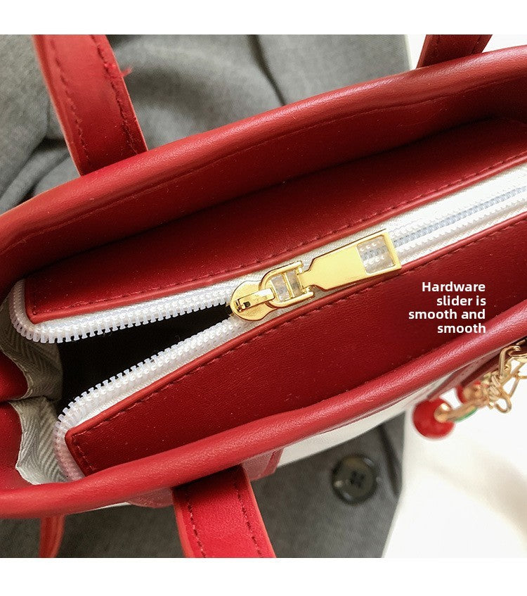 Women PU Cherry Shoulder Bag Large Capacity Trendy Commuting Bag with Cherry Pendant Stylish Crossbody Bag Aesthetic Handbag