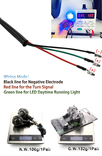 1 Par de Luzes LED de Seta Redondas Halo para Motocicleta, Duas Cores, DRL, Luz de Condução, Luz de Pisca Sequencial, Mini Indicador