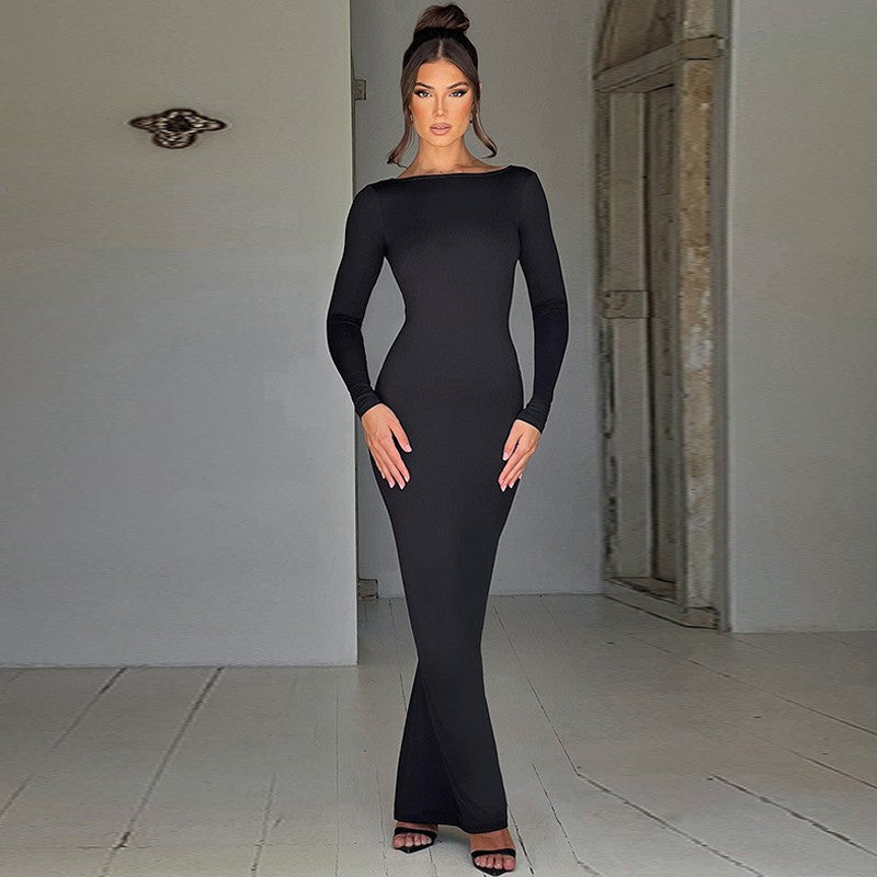 Hugcitar Spring Elegant Long Sleeve Backless Solid Cuched Sexy Bodycon Maxi Prom