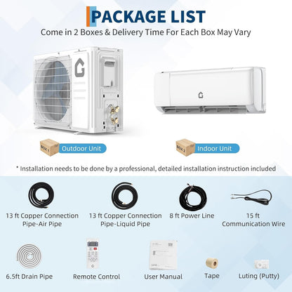 Ar Condicionado Mini Split Quente e Frio 9000 BTUs, 18.5 SEER2, 208-230v, Unidade AC sem Duto para 42 m², WiFi, Controle Remoto, Inversor Silencioso