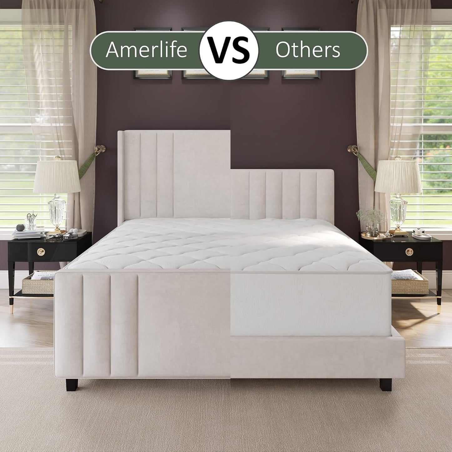Cama Queen Size, Plataforma Estofada em Veludo com Cabeceira e Peseira Tuftadas em Canais Verticais/Wingback, Colchão N