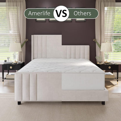 Cama Queen Size, Plataforma Estofada em Veludo com Cabeceira e Peseira Tuftadas em Canais Verticais/Wingback, Colchão N