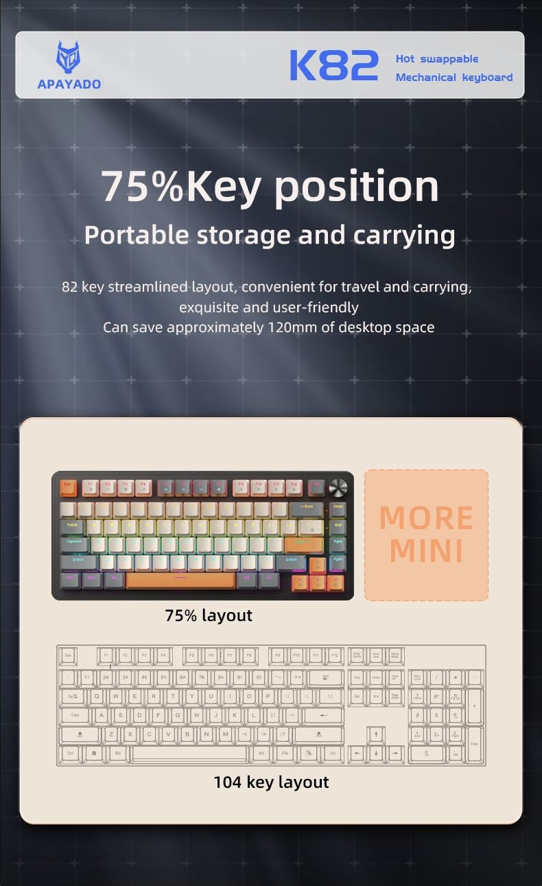 Teclado Mecânico com Fio 75% com Botão de Mídia, Teclado Gamer Preto APAYADO, Hot-Swap, Retroiluminação de Caractere Transparente com Teclas ABS