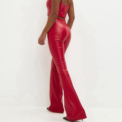 Women's High Waist Faux Leather Pants Solid Color PU Shiny Flared Trousers Slim Fit Bell Bottoms Sexy Pant for Women