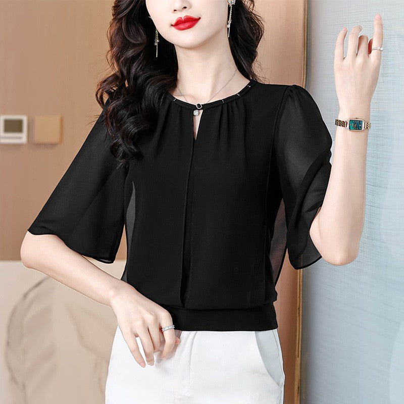 Summer Clothing Half Sleeve Chiffon Blouse 2025 New Fashion Loose Women Tops Solid Color Casual Pullovers Shirt