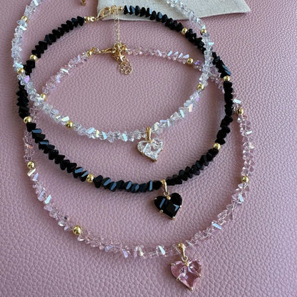 Colar Feminino Vintage de Moda Sexy com Pingente de Coração de Zircão Boho Geométrico Barroco com Corrente de Cristal Transparente