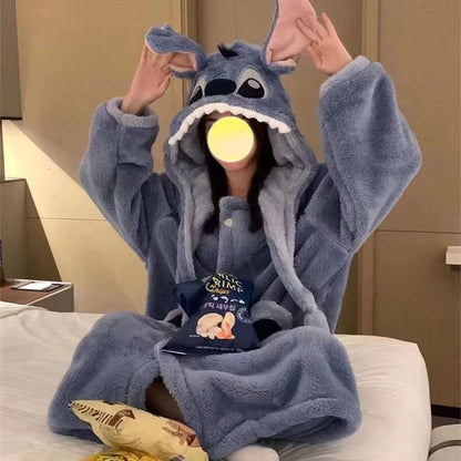 Robe de Dormir Unissex Disney Stitch Forrada de Lã Quente, Roupa de Casa, Robe de Material Macio, Conjunto de Pijama Masculino Feminino, Robe de Lã Coral de Inverno, Brinquedos