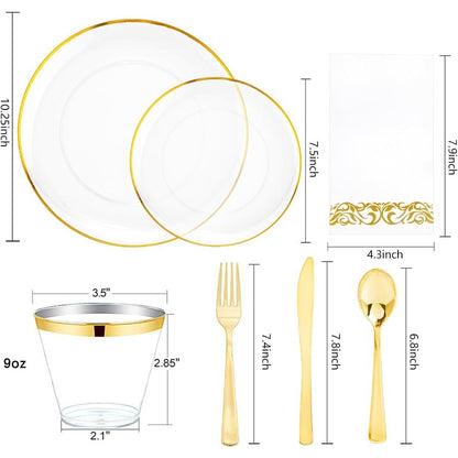 350PCS Clear and Gold Plastic Plates Gold Disposable Plastic Dinnerware Set for 50 Guests Include 100 Plastic Plates 150 Gold C