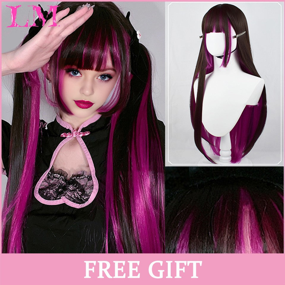 LM Medium Length Pink Cosplay Wig Heat Resistant Costume Party Synthetic Wigs 2 Clip On Ponytail 7 Colors