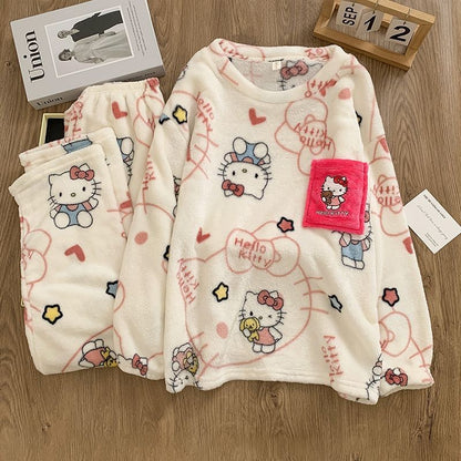 Hello Kitty Women's 2025 Plush Flannel Pullover Pajama Set Winter Cozy Long Sleeve Pants Embroidered Casual Home Loungewear