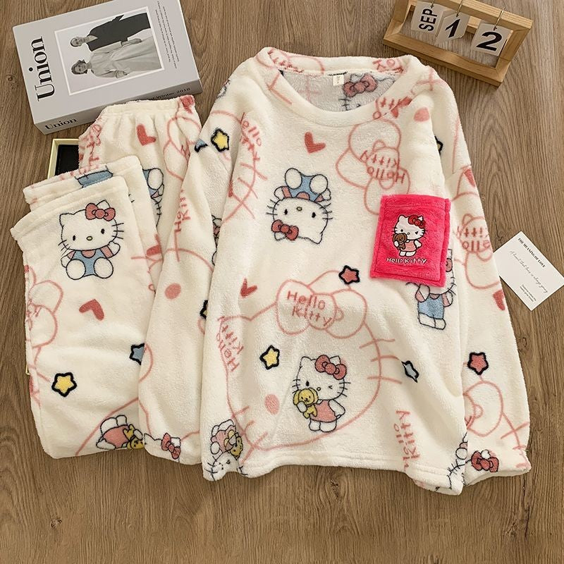 Hello Kitty Women's 2025 Plush Flannel Pullover Pajama Set Winter Cozy Long Sleeve Pants Embroidered Casual Home Loungewear