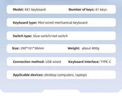 Mini Teclado Mecânico APAYADO K61, Com Fio, 61 Teclas, RGB Fantasma, Switch Mecânico Preto/Branco Vermelho/Azul para Jogos, 60% Portátil