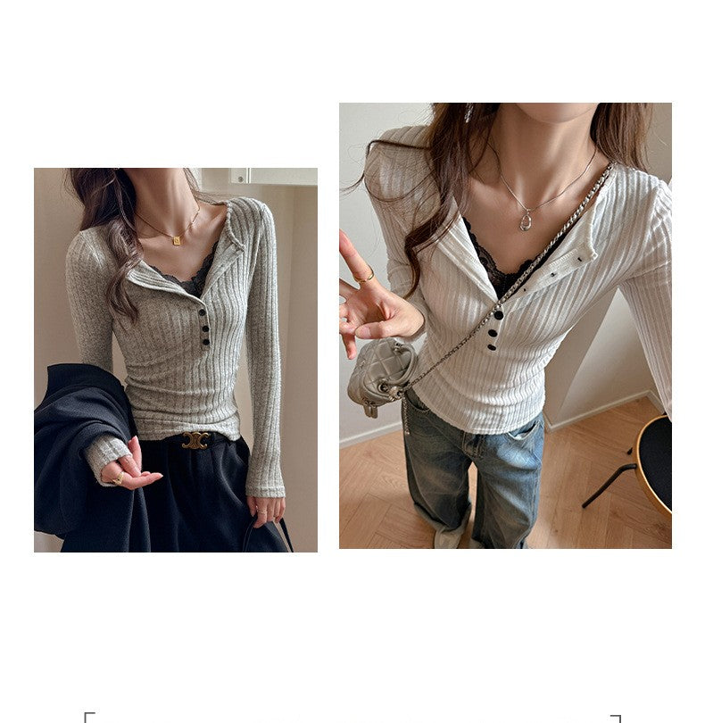 Lace Slim-fitting Bottoming Shirt Fake Two Piece Long Sleeve T-Shirt Women Chic Button Pit Striped Tops Autumn Winter Base Tees