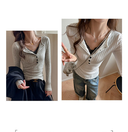 Lace Slim-fitting Bottoming Shirt Fake Two Piece Long Sleeve T-Shirt Women Chic Button Pit Striped Tops Autumn Winter Base Tees