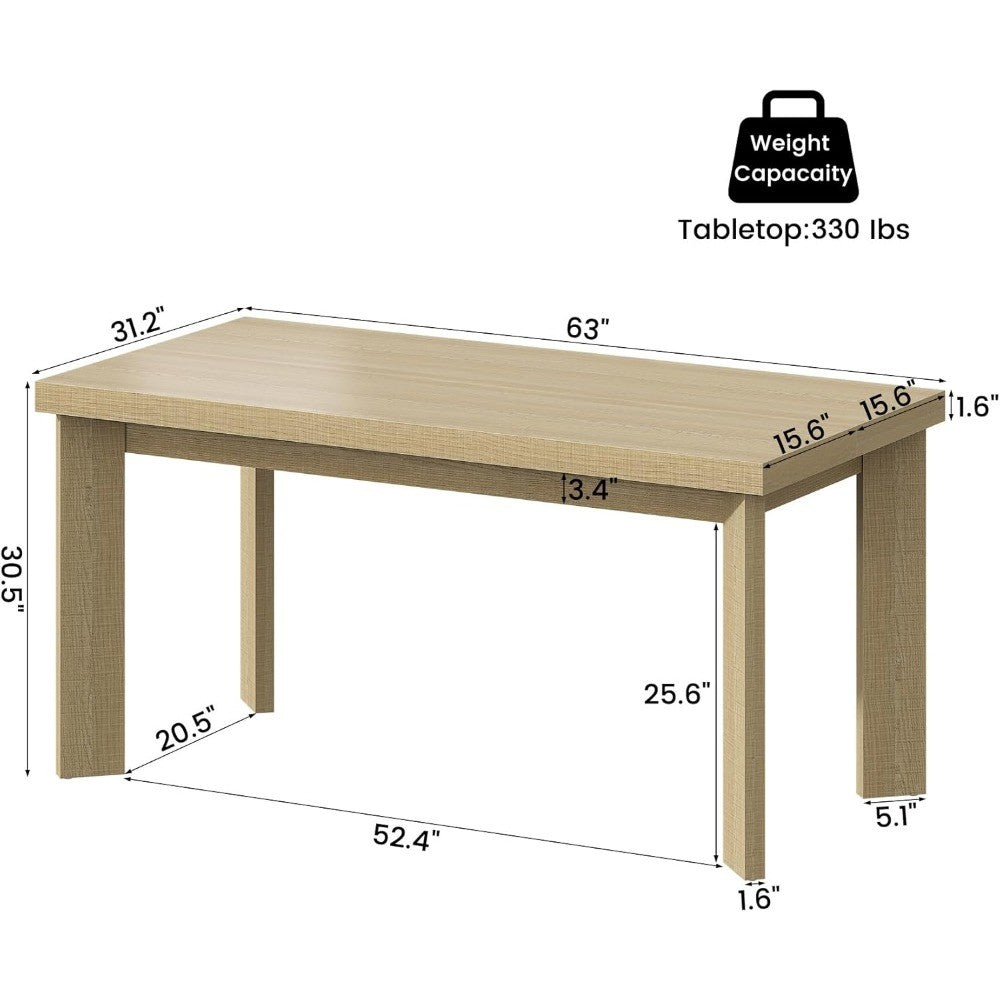 63 Inch Dining Table for 6, Indoor Outdoor Dining Table with Wood Legs, Kitchen Table with Large Tabletop, Rectangula
