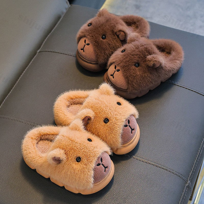 Capybara Children Slippers 2025 Winter New Cute Fluffy Cotton floor shoes woman Warm Indoor Cartoon Plush Floor Home Slippers