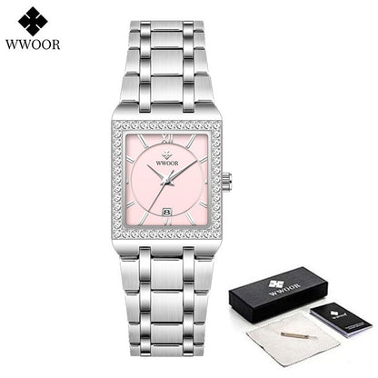 WWOOR Top Brand Luxury New Ladies Diamond Watch Fashion Square lady Wrist Watch Simple Women Dress Small Watch Relogio Feminino