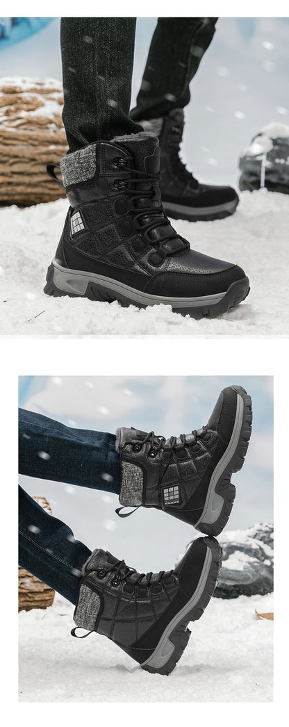 New Warm Plush Men's Snow Boots Lace Up High Top Men's Boots Waterproof Winter Ankle Boots Outdoor Anti-Slip Men Hiking Boots