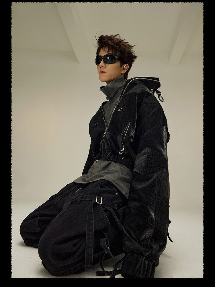 Mauroicardi Spring Autumn Cool Short Shiny Black Crocodile Print Pu Leather Jacket Men Luxury Designer Y2K Streetwear Clothes