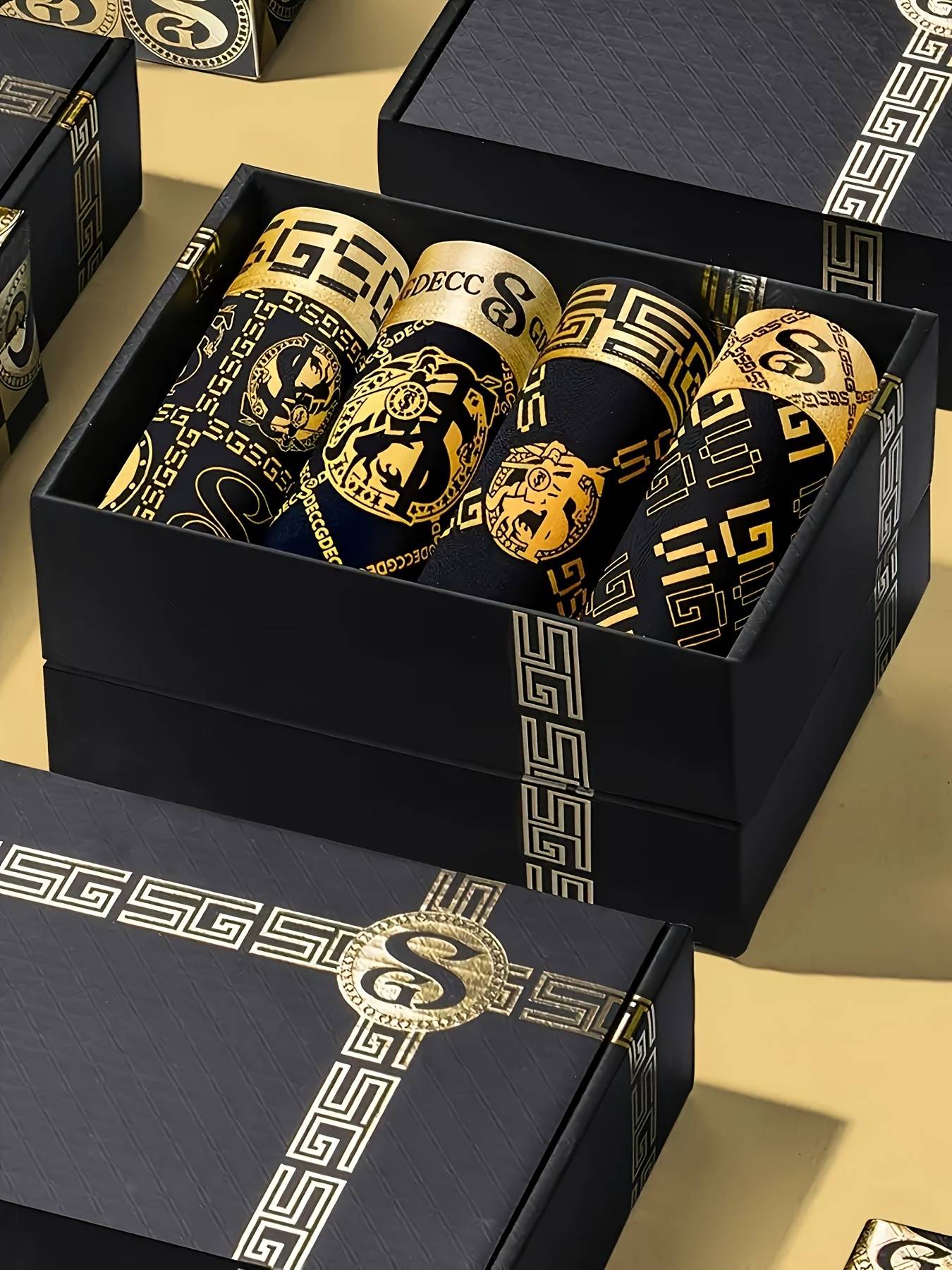 4pcs with Gift Boxed Men's Underwear Boxer Briefs, Ice Silk Trunks Calzoncillos Underpants, Wicking Breathable Luxury Black Gold