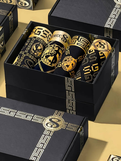 4pcs with Gift Boxed Men's Underwear Boxer Briefs, Ice Silk Trunks Calzoncillos Underpants, Wicking Breathable Luxury Black Gold