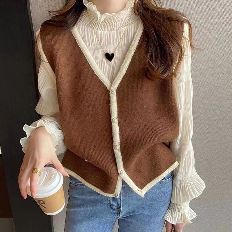 Chiffon Blouse Women Auricular Edge Fairy Gas 2023 New Korean Version Loose Foreign Style Court Bottom Coat