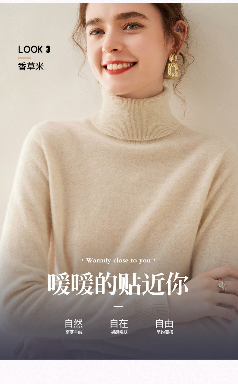 Suéter de Cashmere Feminino Gola Alta Manga Comprida Pulôver de Malha 100% Cashmere Puro Suéter Básico Versão Coreana Top Feminino