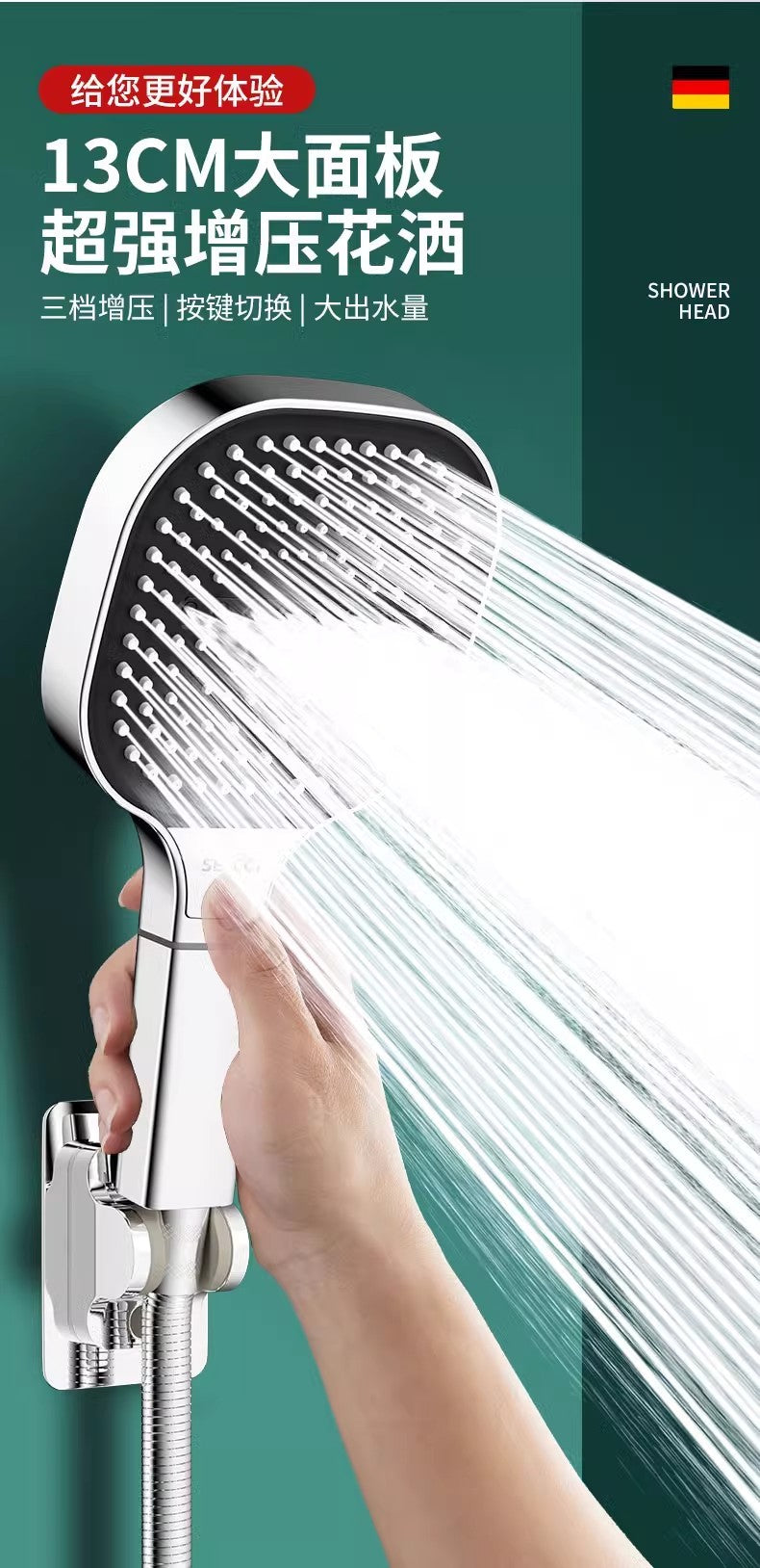 Novo chuveiro de painel grande de 13CM com 3 modos, chuveiro de massagem de alta pressão com elemento filtrante, acessórios para banheiro